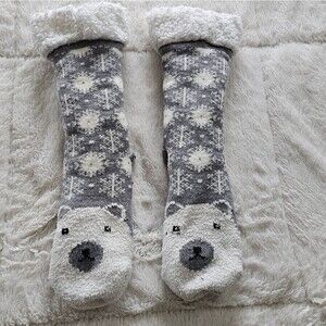 Kids Polar Bear Fleece Lined Socks Grey And White No-slip Bottoms.